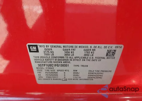 2015 GMC Sierra 1500 Sle from USA, damaged, VIN 3GTP1UEC1FG138351